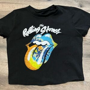 The Rolling Stones Black Crop Top with Colorful Graphic- measures 16 Ptp